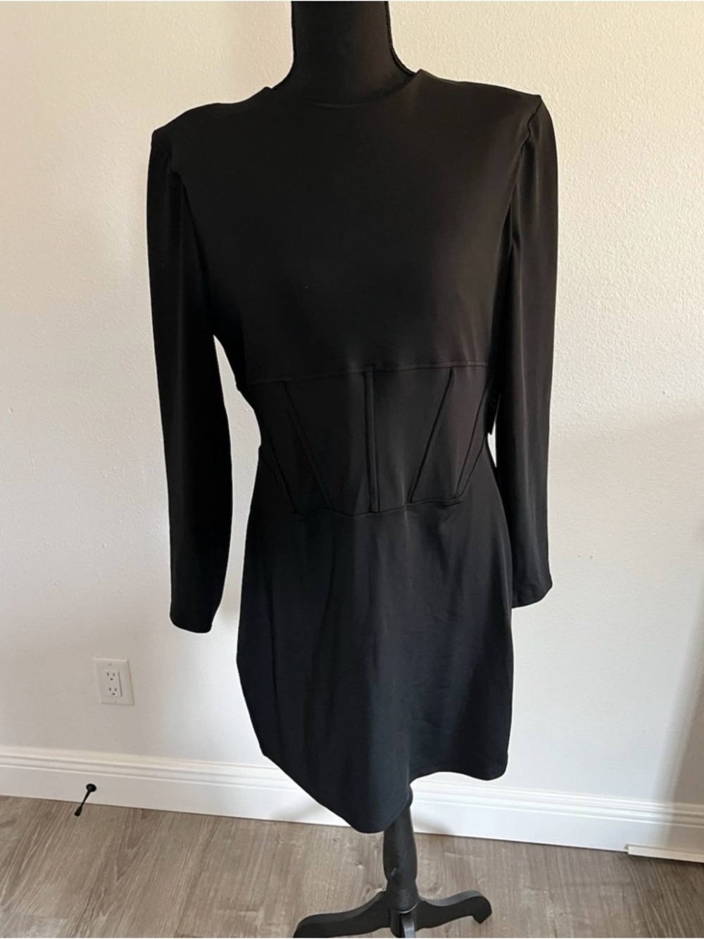 Express Black Long-Sleeve Corset-Detail Mini Dress